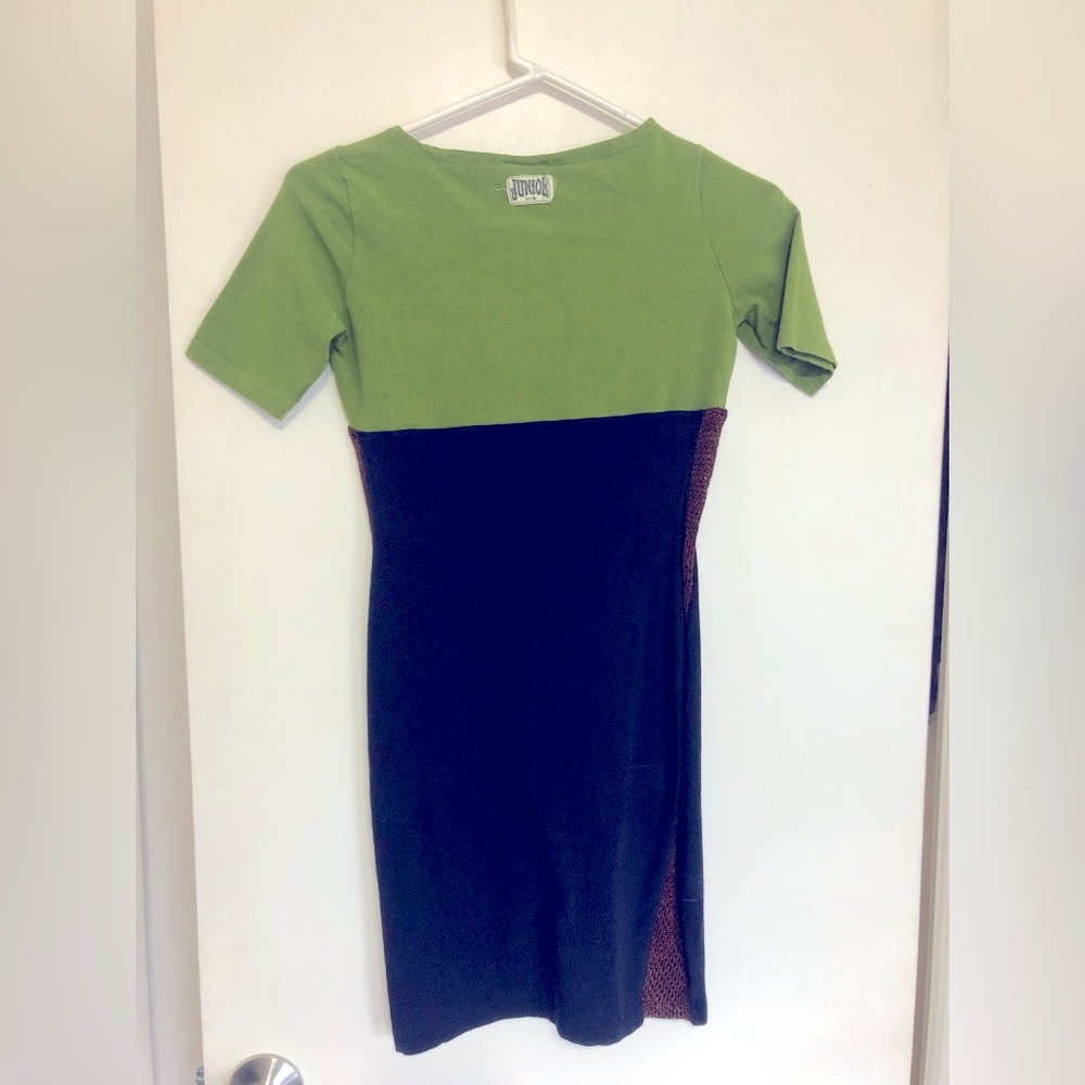 Junior Gaultier Dress. Green & Navy Blue Jersey. Brown open Mesh Sides. Vintage